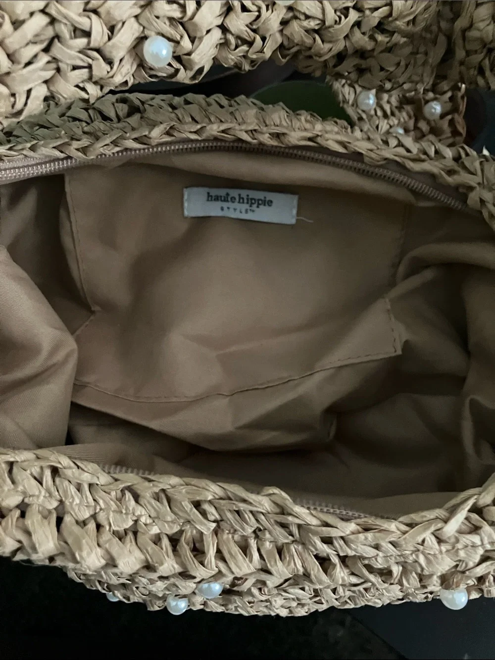 Haute Hippie Woven Straw Hobo Bag with Embellished Pearls - Tan